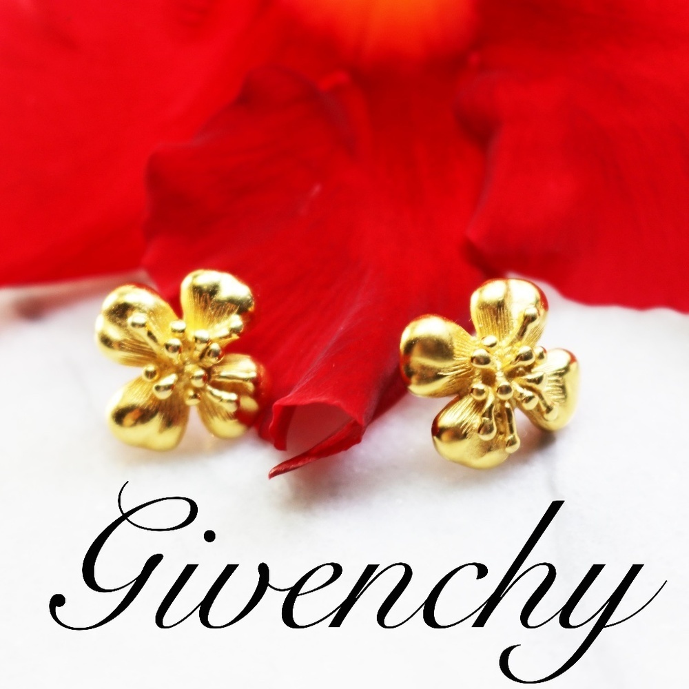 Givenchy Vintage Floral Gold Plated Minimalist Pierced Earrings Euc *Signed*